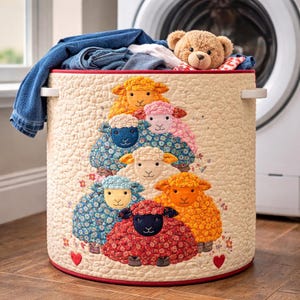 May include: A beige quilted laundry hamper with a red trim, featuring appliqued sheep in various colors. The hamper is filled with clothes and a teddy bear. White handles are on the sides.