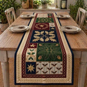 May include: A rectangular table runner with a patchwork design featuring various embroidered motifs. The runner has a navy blue center, bordered by cream and burgundy sections. The embroidered designs include stars, oak leaves, and acorns.