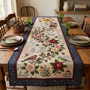 May include: A rectangular quilted table runner featuring a central cream-colored panel with an intricate floral vine pattern, colorful birds, bees, and ladybugs. The runner has a dark blue border with a repeating acorn and leaf motif.