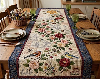 Floral Bird Quilted Table Runner, Vintage Garden Dining Decor, Cottagecore Table Linen, Rustic Farmhouse Table Decor, Gift for Home