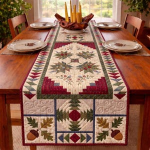 Camino de mesa rústico de patchwork, decoración de comedor estilo granja, diseño de colcha de hojas de otoño, acento acogedor para la mesa de la cocina, regalo para el hogar de estilo artesanal