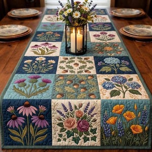 Peut inclure: Un chemin de table matelass&eacute; rectangulaire compos&eacute; d'une grille de carr&eacute;s avec des motifs botaniques brod&eacute;s, notamment des &eacute;chinac&eacute;es violettes, des hortensias bleus, des coquelicots orange, de la lavande, des roses et des glands sur fond cr&egrave;me, bleu sarcelle et bleu fonc&eacute;.