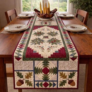 Rustic Patchwork Table Runner, Farmhouse Dining Decor, Autumn Leaf Quilt Design, Cozy Kitchen Table Accent, Handmade Style Home Gift image 2