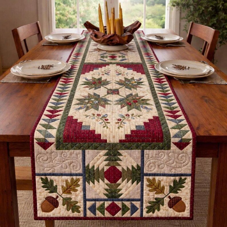 Rustic Patchwork Table Runner, Farmhouse Dining Decor, Autumn Leaf Quilt Design, Cozy Kitchen Table Accent, Handmade Style Home Gift image 2