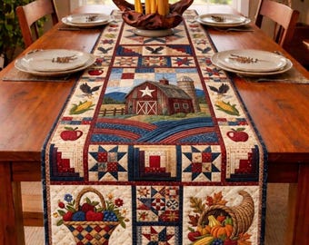 Rustic Farmhouse Table Runner Patriotic Barn Design Red Blue Country Decor Dining Table Cover USA Style Holiday Gift