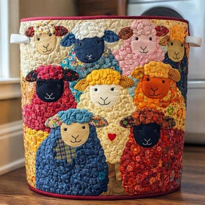 Colorful Sheep Quilted Laundry Basket, Farmhouse Fabric Hamper, Patchwork Lamb Storage Bin, Nursery Decor Gift For Her
