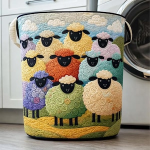 Colorful Sheep Quilted Laundry Basket, Patchwork Farmhouse Fabric Hamper, Cute Multicolor Lamb Storage Bin, Gift For Family Home