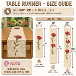 Peut inclure: Un guide des tailles de chemin de table pr&eacute;sentant un mod&egrave;le cr&egrave;me avec des motifs d'&oelig;illets rouges. Il affiche trois options de dimensions : 35,5 cm par 119 cm, 35,5 cm par 183 cm et 35,5 cm par 274 cm, avec un texte pr&eacute;cisant l'ajustement du motif.