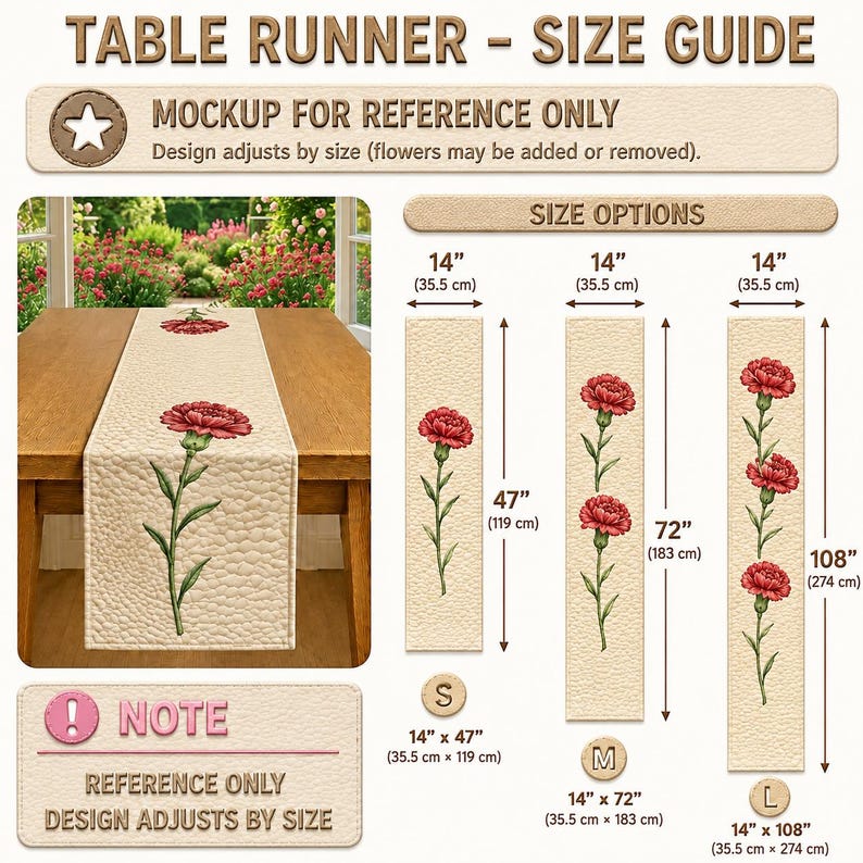 Peut inclure: Un guide des tailles de chemin de table pr&eacute;sentant un mod&egrave;le cr&egrave;me avec des motifs d'&oelig;illets rouges. Il affiche trois options de dimensions : 35,5 cm par 119 cm, 35,5 cm par 183 cm et 35,5 cm par 274 cm, avec un texte pr&eacute;cisant l'ajustement du motif.
