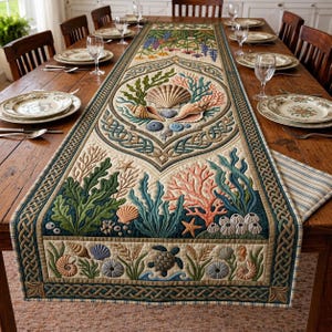 Coastal Ocean Quilted  Table Runner, Seashell Coral Beach Decor, Nautical Dining Table Decor, Summer Home Kitchen Decor