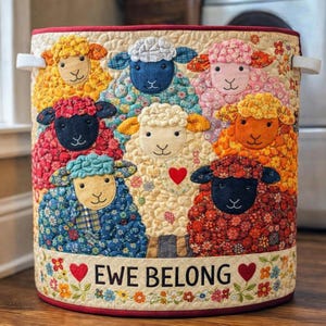 Quilted Laundry Basket Sheep Design, Cute Fabric Storage Bin, Kids Room Hamper, Nursery Organizer, Patchwork Basket Gift