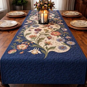 Caminho de mesa patchwork floral com corações, decoração de mesa azul estilo cottagecore, detalhe para sala de jantar em estilo fazenda, presente de roupa de mesa em estilo vintage