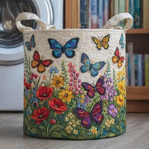 May include: A round, cream-colored fabric storage basket with two handles. The basket is decorated with embroidered butterflies in various colors, including blue, orange, and purple, and a colorful floral design at the bottom.