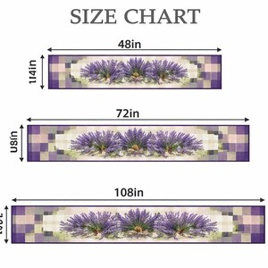 May include: Size chart showing three rectangular lavender-themed table runners. The runners are 48 inches, 72 inches, and 108 inches long, with widths of 14 inches, 8 inches, and 13 inches, respectively. Each features a lavender floral design.