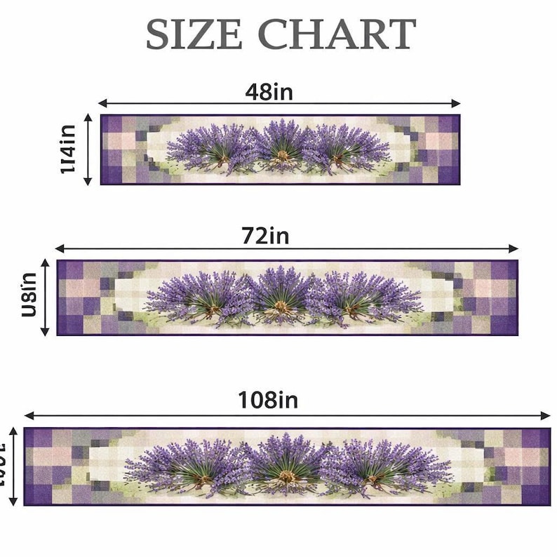 May include: Size chart showing three rectangular lavender-themed table runners. The runners are 48 inches, 72 inches, and 108 inches long, with widths of 14 inches, 8 inches, and 13 inches, respectively. Each features a lavender floral design.