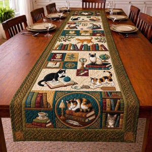 Camino de mesa acolchado con diseño de biblioteca de gatos vintage, decoración de mesa acogedora con temática de libros de animales, acento de comedor de estilo rústico, regalo para amantes de los gatos.