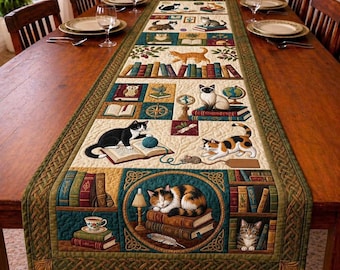 Chemin de table matelassé bibliothèque chat vintage, décoration de table confortable sur le thème du livre animal, accent de salle à manger ferme, cadeau pour les amoureux des chats