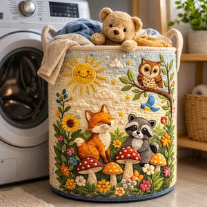 May include: A decorative laundry basket with a whimsical forest scene featuring a smiling sun, fox, raccoon, owl, and mushrooms. The basket is filled with folded towels and a teddy bear.