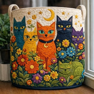 Puede incluir: Una cesta de almacenamiento cilíndrica de tela con textura acolchada que presenta una escena bordada de seis gatos de varios colores, incluyendo azul, amarillo, naranja, negro, morado y verde, rodeados de flores coloridas, estrellas y una luna creciente.