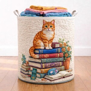 Cat Book Stack Quilted Laundry Basket, Cute Cat Lover Storage Bin, Fabric Hamper for Bedroom Nursery, Gift Idea Home Decor