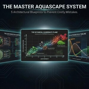 May include: An image showcasing "THE MASTER AQUASCAPE SYSTEM" with "5 Architectural Blueprints to Prevent Costly Mistakes." The image displays several digital screens with diagrams and charts related to aquascaping, including "THE BOTANICAL COORDINATE PLANE" and "THE NITROGEN CYCLE TIMELINE."