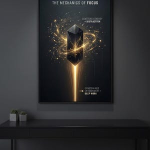May include: A framed art print with the text "THE MECHANICS OF FOCUS." The artwork features a black, geometric shape emitting golden light, with the words "Scattered Energy = Distraction" and "Constrained Environment = Deep Work."