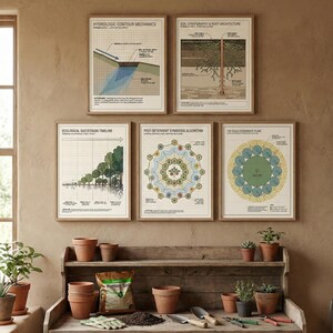 May include: Five framed botanical and scientific diagrams hang on a wall. Below, a wooden shelf displays terracotta pots, potting soil, gardening tools, and small potted plants. The diagrams feature titles like "Hydrologic Contour Mechanics" and "Ecological Succession Timeline."