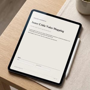 May include: A digital tablet displaying a worksheet titled Inner Critic Voice Mapping. The document includes text about tracing origins and reclaiming the mix, with fields for name and date started. A white stylus rests beside the tablet screen.