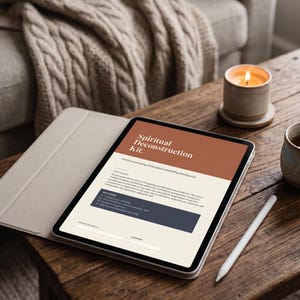 May include: A tablet in a light gray case displaying a document titled Spiritual Deconstruction Kit. The screen features a rust-colored header, cream background, and dark blue text sections. A white stylus rests on the wooden surface nearby.