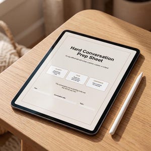 May include: A digital tablet showing a "Hard Conversation Prep Sheet" with sections for clarity, calm, and confidence. A white stylus lies beside the tablet on a wooden surface. The sheet is designed for difficult conversations.