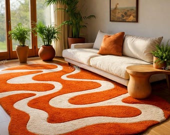 Hand Tufted Abstract retro Orange & White Wool Area Rug – Modern Bohemian Scandinavian Rugs for Living Room Decor Irregular shape carpet 4x6