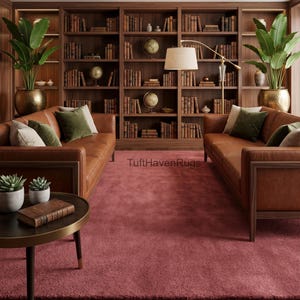 Peut inclure: Intérieur de bibliothèque avec un grand tapis rose. Deux canapés en cuir marron se font face, devant une bibliothèque en bois sombre remplie de livres. Des globes décoratifs et des plantes en pots dorés ajoutent à l'ambiance.