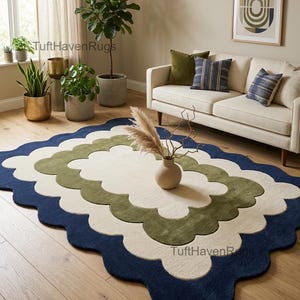 Alfombra tejida a mano con borde festoneado, alfombra abstracta azul marino y verde, decoración de piso moderna de mediados de siglo con forma de nube para sala de estar y dormitorio.