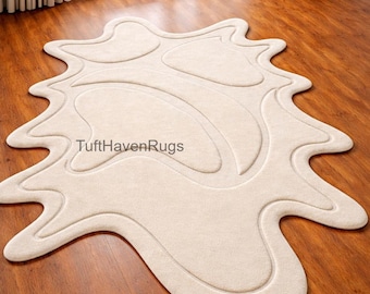 Hand Tufted Beige Abstract Rug, Organic Shape Area Rug, Modern Minimalist Wool Rug, Contemporary Sculpted Carpet for Living Room Decor Rug