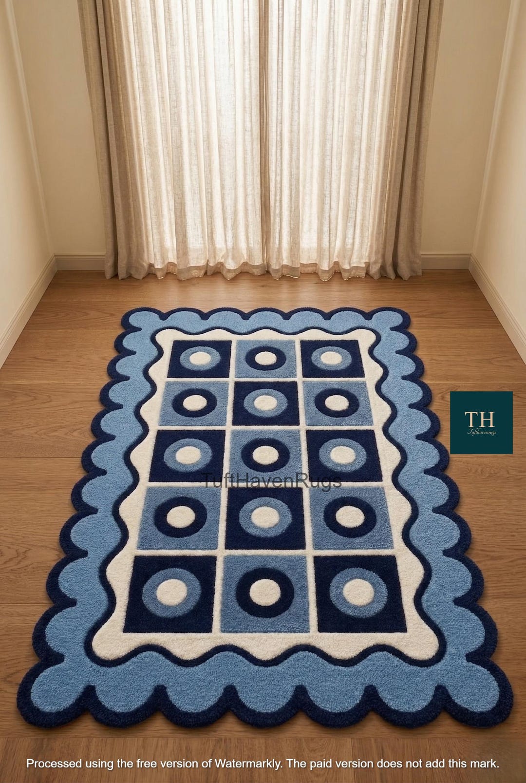 Hand Tufted Blue Geometric Rug| Check Circle With Scalloped Edge Rug ...