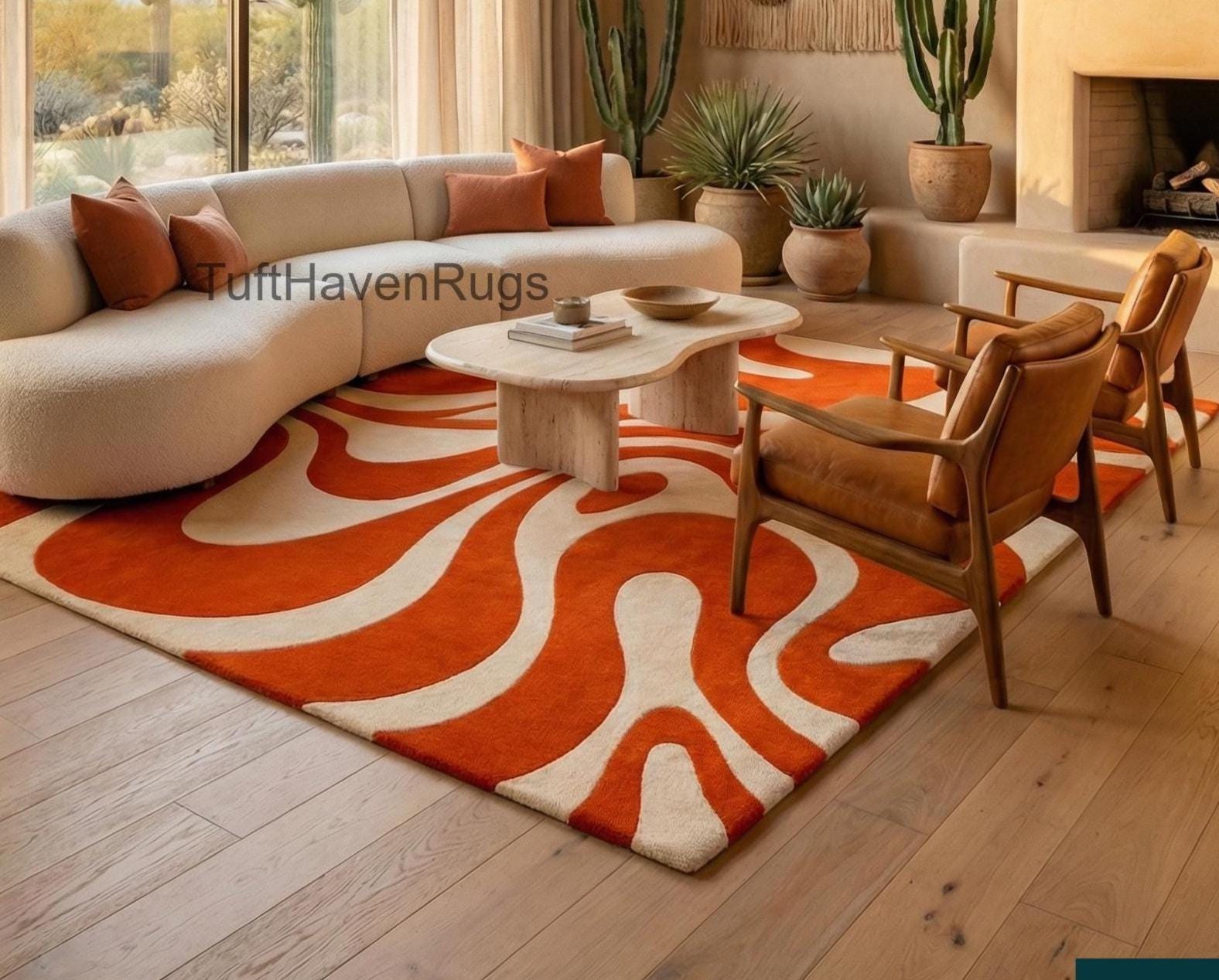 Orange White Abstract Hand Tufted Swirl Wool Rug - Retro 70s Abstract ...