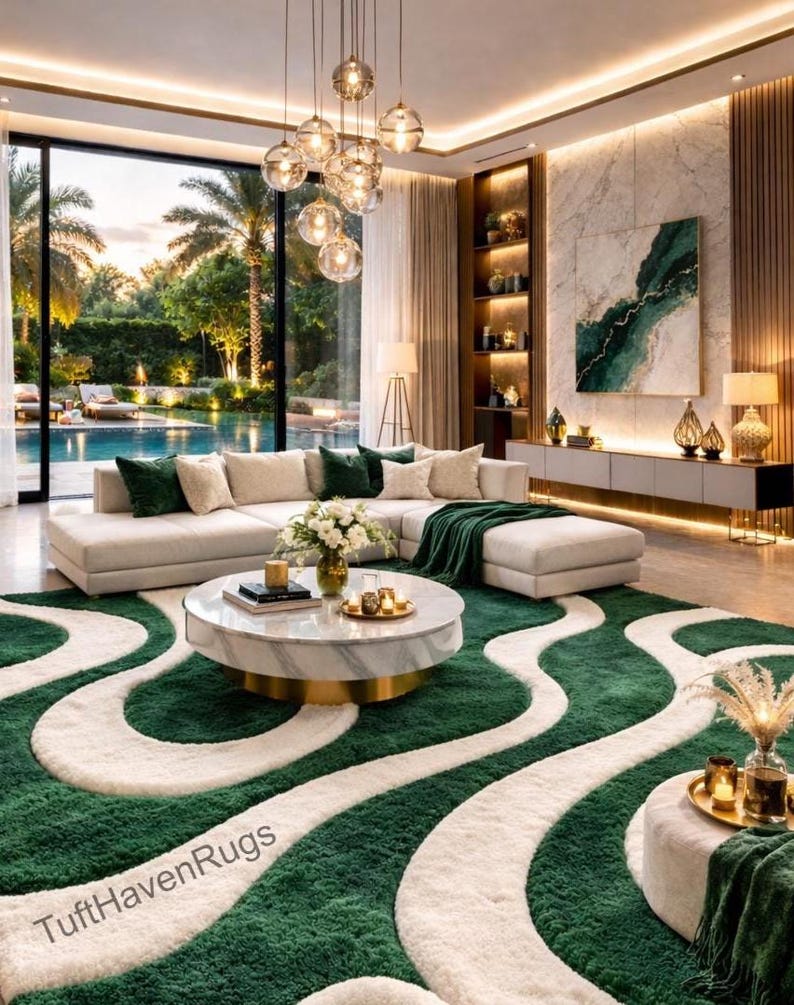 May include: A luxurious living room featuring a large, green and white patterned rug. A sectional sofa with green throw pillows and a matching blanket sits on the rug. A marble coffee table and a large window overlooking a pool complete the scene. The text "TuftHavenRugs" is visible.