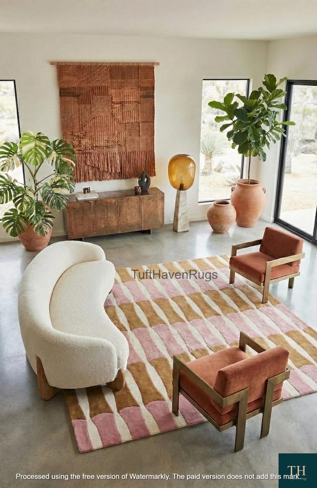 Hand Tufted Pink & Gold Abstract Wool Rug - Boho Striped Geometric Area ...