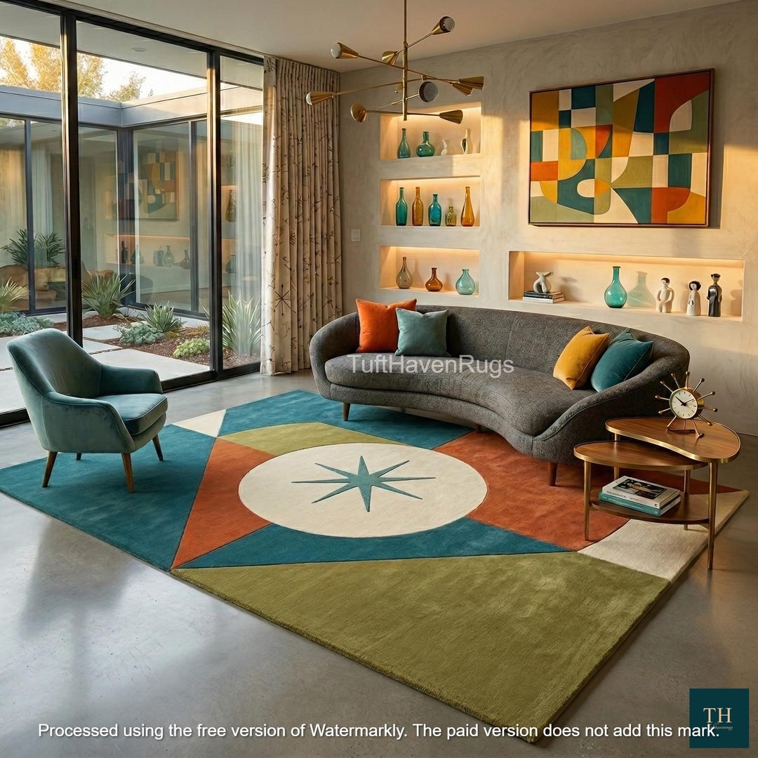 Hand Tufted Mid Century Green Blue Rug, Geometric Starburst Pattern ...
