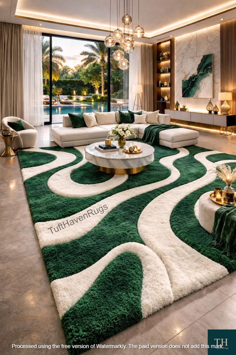 May include: A large, luxurious green and white area rug with a flowing, abstract design. The rug features a plush, textured pile and is the focal point of a modern living room. The rug's dimensions are not visible in the image.