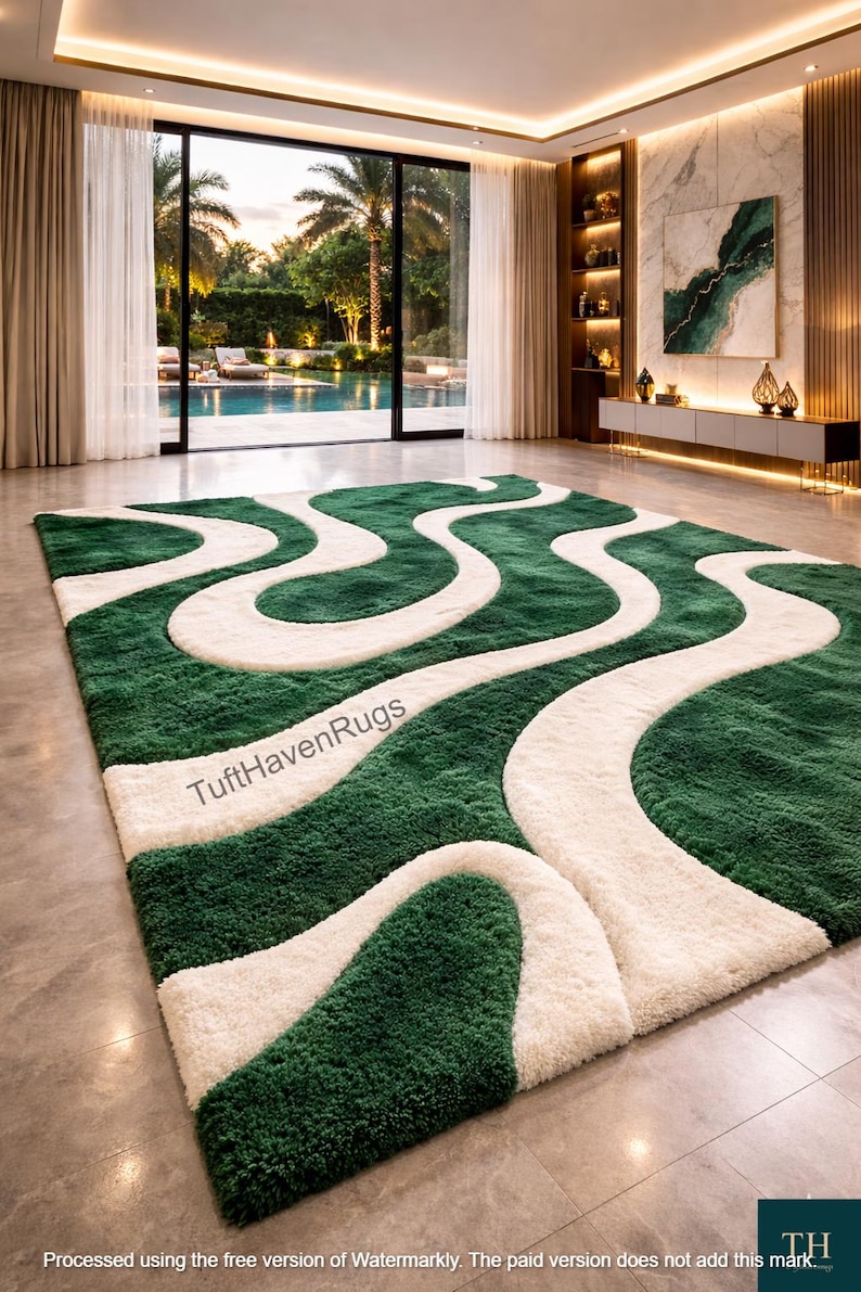May include: A large, rectangular rug with a green and white wavy design. The rug features a plush, textured surface. The text "TuftHavenRugs" is visible on the rug. The rug is in a well-lit room with a view of a pool and palm trees.