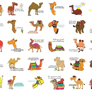 May include: A collection of cartoon camel illustrations in various poses and colors, each with a unique design. Some camels have text bubbles with phrases like "Riding a camel was a challenge."