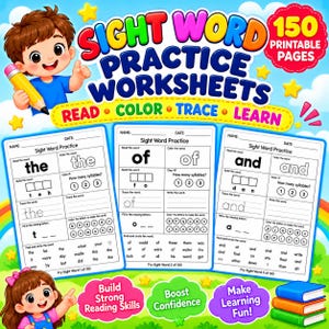 Puede incluir: Un conjunto de 150 hojas de trabajo imprimibles para practicar palabras visuales con ejercicios para leer, colorear, trazar y aprender. Las páginas incluyen secciones para construir palabras, contar sílabas y buscar palabras como the, of y and.