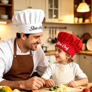 May include: A father and child in a kitchen, both wearing chef hats and aprons. The adult's hat is white with "Star chef" in black script. The child's hat is red with "Mini Chef" in white script. They are smiling at each other.