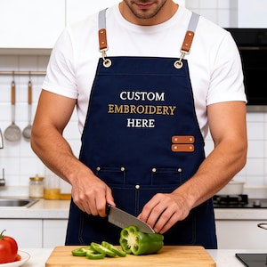 Delantal de lona bordado personalizado con bolsillos, delantal de cocina bordado para él, delantal de barbacoa, regalo del Día del Padre.