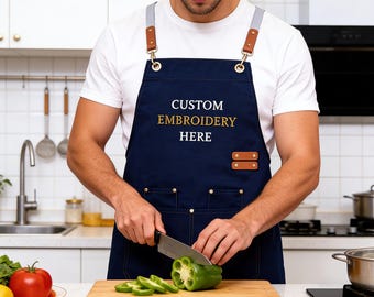 Personalized Embroidered Canvas Apron with Pockets, Workshop Kitchen BBQ,Embroidered Kitchen Apron for Him,Barbeque Apron,Fathers Day gift