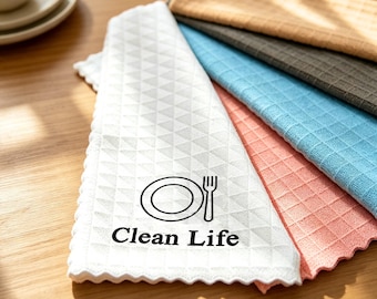 Op maat geborduurde keukenhanddoek, gepersonaliseerde naam, logo, initiaal, absorberende wafeldoek, uniek housewarmingcadeau