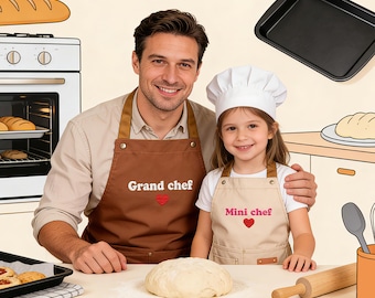 Tablier brodé personnalisé pour enfants et adultes, tablier assorti père fille, tablier personnalisé, petit chef, cadeau de cuisine maison
