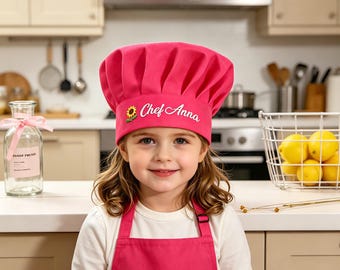Gorro de chef infantil bordado a mano, gorro infantil personalizado con girasol y nombre, gorro de chef para niños y adultos, regalo de cocina para mamá e hijo