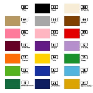 May include: A colour chart displaying 21 colour swatches, each labelled with a colour name and number. Colours include white, black, khaki, grey, brown, pink, light pink, red, wine red, purple, light purple, orange, yellow, green, light green, blue, light blue, emerald green, ultramarine, and golden yellow.
